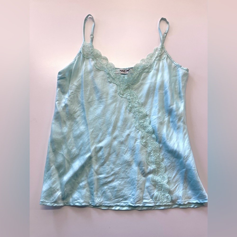 Max & Moi Paris Aqua Blue Lace Trim Silk Babydoll Camisole Tank Top Y2K Style - Picture 1 of 8